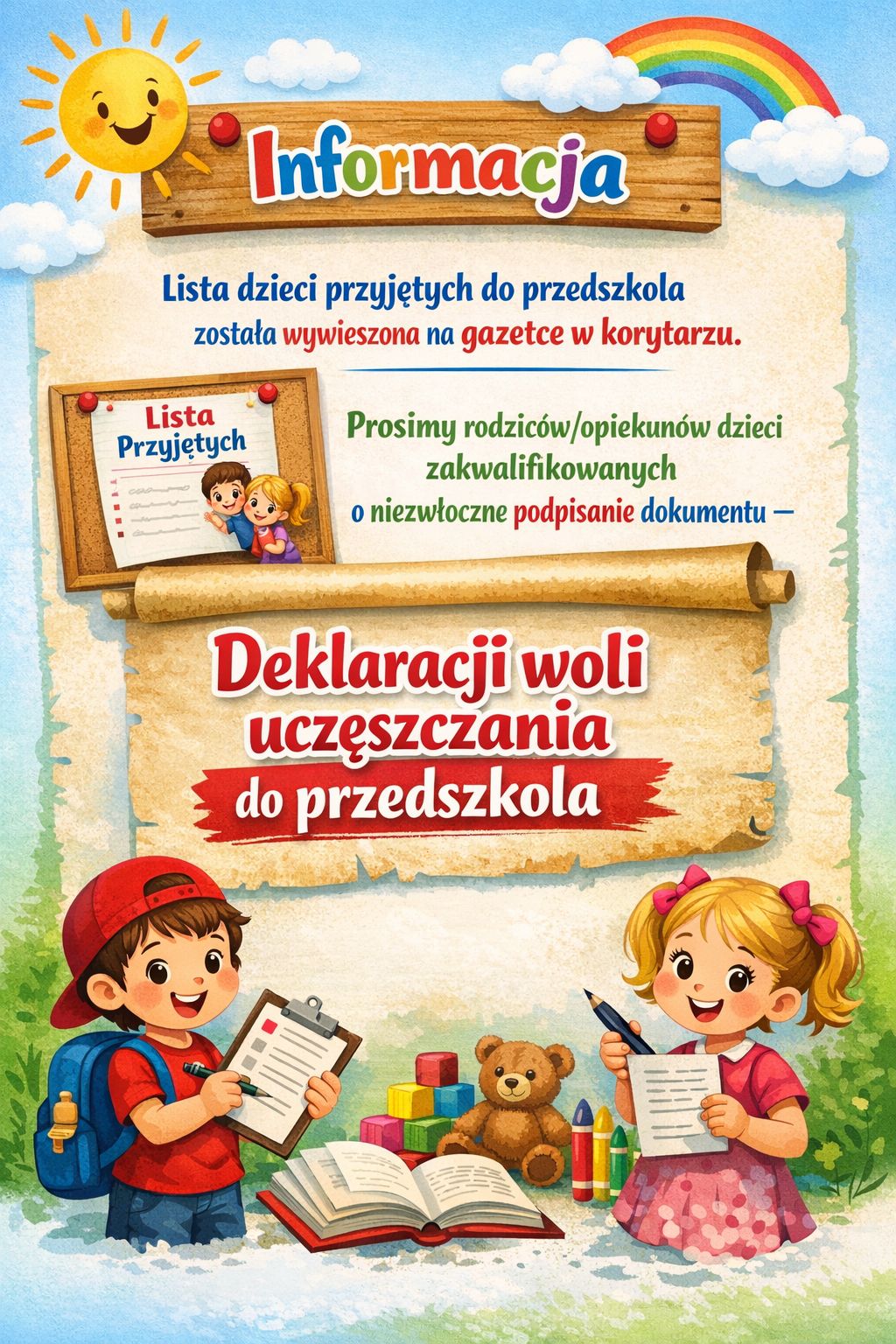 Informacja dla rodziców dzieci zakwalifikowanych do naszego przedszkola!